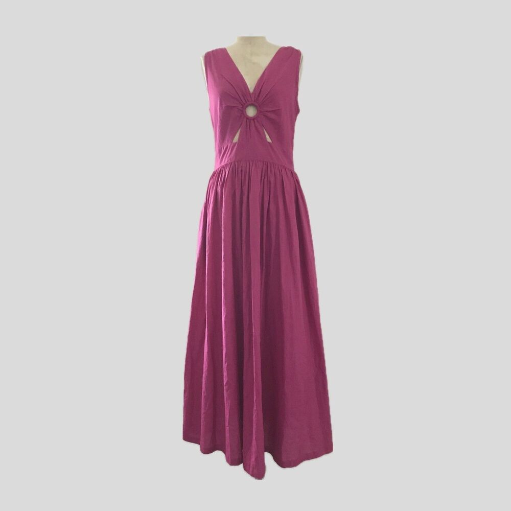 Cleobella Pink Cotton A Line V Neck Cutout Midi Summer Dress Women's Size S